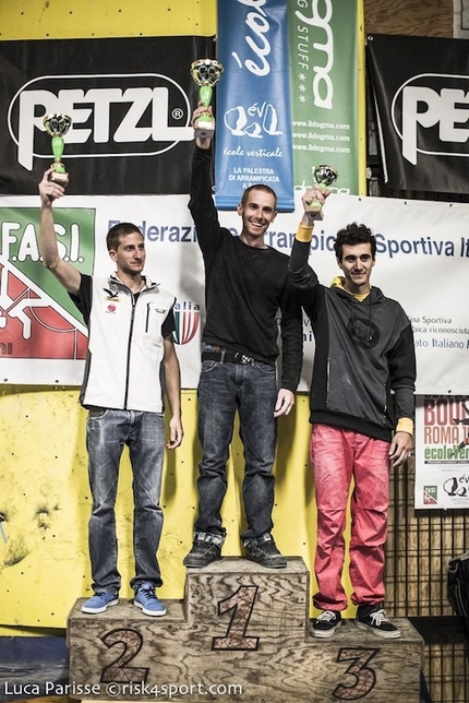 Italian Bouldering Cup 2014 - The men's podium of the first stage of the Italian Bouldering Cup at Rome on 13/04/2014: (from left to right) Stefan Scarperi, Gabriele Moroni, Andrea Zanone