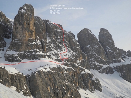 Hermann Comploj, Murfreid, Sella, Dolomites - On 07/04/2014 Hermann Comploj skied a new line, solo, down the Murfreid North Face, Sella group, Dolomites.