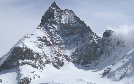 Cervino, Zmuttgrat, Couloir Ovest - Couloir Ovest, Cresta Zmutt: la discesa del Couloir Ovest di Julien Herry, Francesco Civra Dano e Davide Capozzi il 17/04/2014