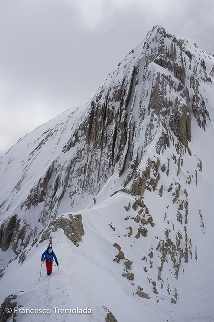 Tofana di Dentro, Dolomites - Francesco Tremolada, Andrea Oberbacher, Enrico Baccanti and Norbert Frenademez on 10/04/2014 during the probable first descent of the NNW Face of Tofana di Dentro 3238 m (5.1/E3).