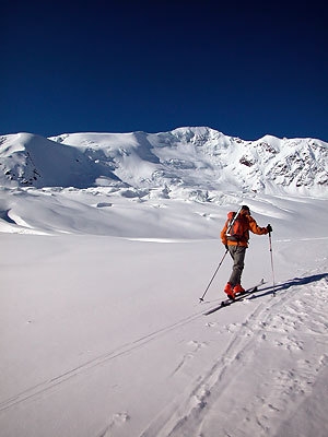 Cevedale: spring ski mountaineering - Crossing the glacier at the foot of S. Matteo.