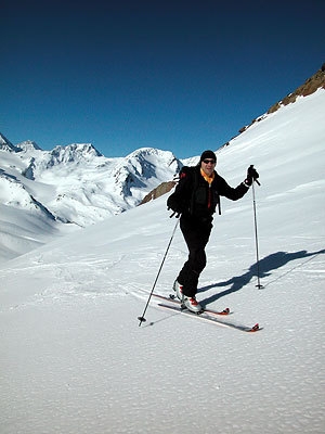 Cevedale: spring ski mountaineering - Andrea ascending to Cima Marmotta one cold December day