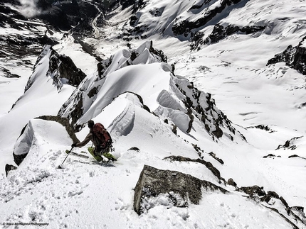 Tour Noir - South Ridge - Mika Merikanto and Mikko Heimonen during the probable first ski descent of the South Ridge of Tour Noir, Mont Blanc massif.