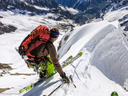 Tour Noir - Mika Merikanto and Mikko Heimonen during the probable first ski descent of the South Ridge of Tour Noir, Mont Blanc massif.