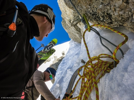 Tour Noir - Mika Merikanto and Mikko Heimonen during the probable first ski descent of the South Ridge of Tour Noir, Mont Blanc massif.