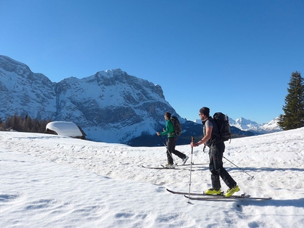 Sas de Crosta, Fanes, Dolomites - Simon Kehrer, Paul Willeit and Albert Palfrader on 20/03/2014 during the first ski descent of Monte Pares (Sas de Crosta) 2396m