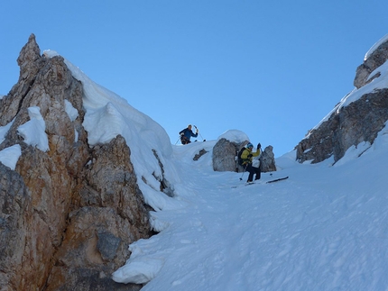 Sas de Crosta, Fanes, Dolomites - Simon Kehrer, Paul Willeit and Albert Palfrader on 20/03/2014 during the first ski descent of Monte Pares (Sas de Crosta) 2396m