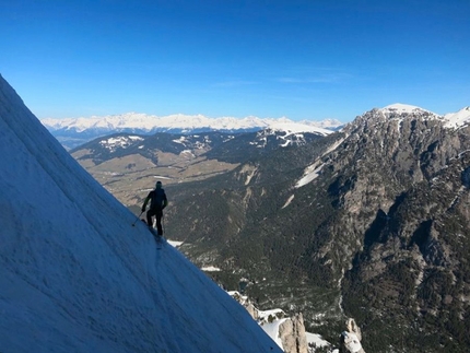 Sas de Crosta, Fanes, Dolomites - Simon Kehrer, Paul Willeit and Albert Palfrader on 20/03/2014 during the first ski descent of Monte Pares (Sas de Crosta) 2396m