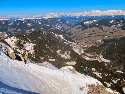 Sas de Crosta, Fanes, Dolomites - Simon Kehrer, Paul Willeit and Albert Palfrader on 20/03/2014 during the first ski descent of Monte Pares (Sas de Crosta) 2396m