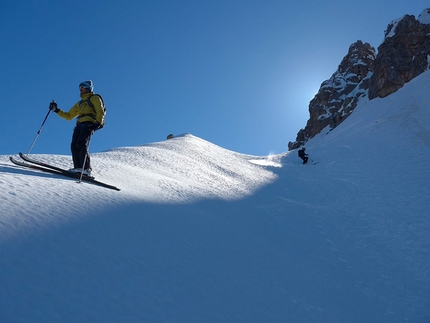 Sas de Crosta, Fanes, Dolomites - Simon Kehrer, Paul Willeit and Albert Palfrader on 20/03/2014 during the first ski descent of Monte Pares (Sas de Crosta) 2396m