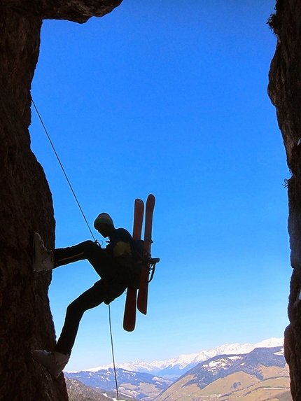 Sas de Crosta, Fanes, Dolomites - Simon Kehrer, Paul Willeit and Albert Palfrader on 20/03/2014 during the first ski descent of Monte Pares (Sas de Crosta) 2396m