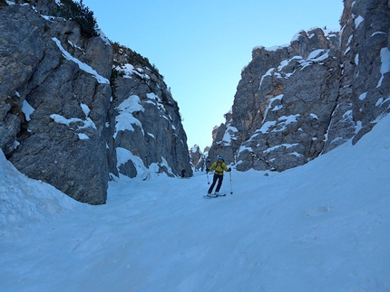 Sas de Crosta, Fanes, Dolomites - Simon Kehrer, Paul Willeit and Albert Palfrader on 20/03/2014 during the first ski descent of Monte Pares (Sas de Crosta) 2396m