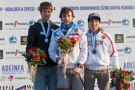 Bouldering World Cup 2014 - The second stage of the Bouldering World Cup 2014 at Baku: Jan Hojer, Dimitri Sharafudtinov and Rustam Gelmanov