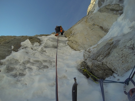 Wildgall, Deferegger Alps - Johannes Bachmann & Manuel Tinkhauser during the first ascent of Seltene Erden on Wildgall on 8/04/2014