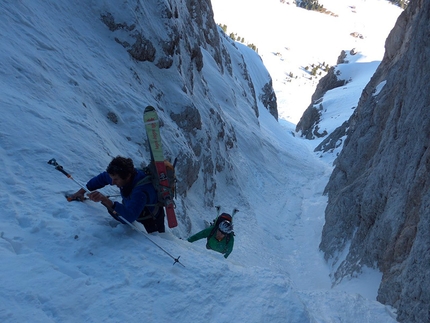 Sas de Putia, Dolomiti - Simon Kehrer, Roberto Tasser e Ivan Canins durante la salita del Canale Nord