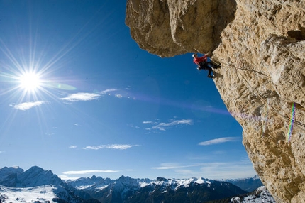 Italia '61 - Piz Ciavazes - Dolomites - Angelika Rainer at the start of the fourth pitch (7c+) of Italia '61, Piz Ciavazes, Sella, Dolomites