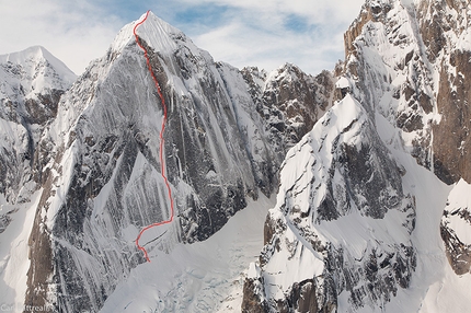 Stairway to Heaven, Mount Johnson, Alaska - Ryan Jennings and Kevin Cooper making the first ascent of Stairway to Heaven (A1, M6, WI4, AI5+, X, 1200m, 01-04/05/2014) Mt. Johnson, Ruth Gorge, Alaska