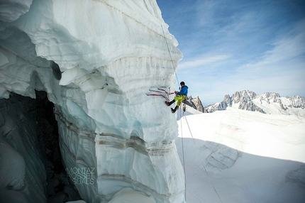 Tancrède Melet and crevasse highline above the Géant glacier