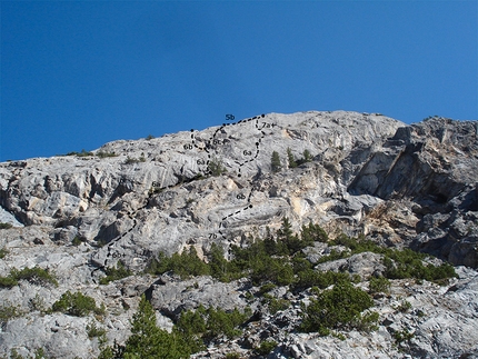 Val Mora - La parete con le vie. A sinistra Mutandenbaum, a destra Gli svizzeri di qua