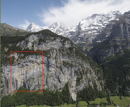 Alexander Megos - Durante la prima salita di Fly (8c, 550m Alexander Megos,Roger Schäli, Frank Kretschmann, David Hefti 04-08/2014), Staldeflue, Lauterbrunnental, Svizzera.