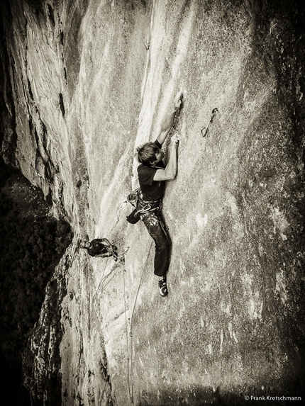 Alexander Megos - During the first ascent of Fly (8c, 550m Alexander Megos,Roger Schäli, Frank Kretschmann, David Hefti 04-08/2014), Lauterbrunnental, Switzerland.