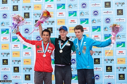 Coppa del Mondo Lead 2014 - Haiyang, Cina Lead podio maschile: Sean McColl, Jakob Schubert, Gautier Supper