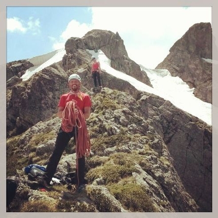 Dente di Mezzaluna, Valtellina Alps - Cristian Candiotto on the top of Ich liebe dich (V/VI, 210m, Cristian Candiotto, Fabrizio Guerra, Valentina Manni 08/06/2014), Dente di Mezzaluna, Valgerola