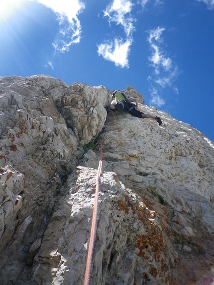 Lastoni di Formin, Dolomites - Maurizio Bergamo and Ferruccio Svaluto Moreolo making the first ascent of Spigolo Anja (VII, 200m 07/2013) Bastione del Mondeval, Lastoni di Formin, Dolomites