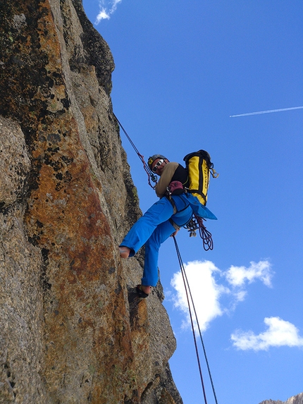 Cicci, Val Ferret, Mont Blanc - During the first ascent of Cicci (7a+, 8 pitches, François Cazzanelli, Marco Bernardi, Marco Farina), Val Ferret, Mont Blanc.