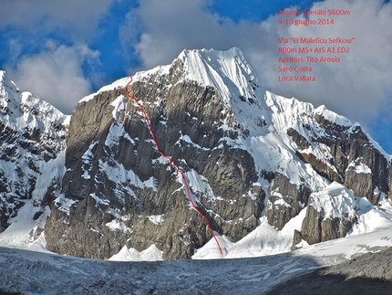 Cordillera Huayhuash, Peru, Luca Vallata, Saro Costa, Tito Arosio - Monte Quesillio (5600m) and the route El malefico Sefkow first climbed by Tito Arosio, Saro Costa and Luca Vallata 06/2014