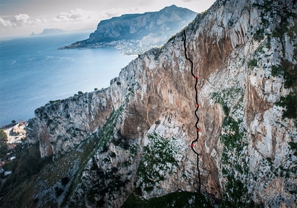 Monte Gallo, Sicily - Lukas Binder and Florian Hagspiel during the first ascent of  Freedom of Movement (7c, 200m) Monte Gallo, Sicily