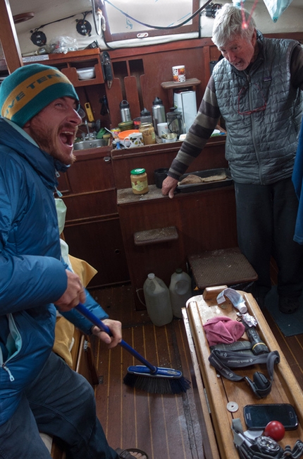 Greenland, Baffin Island - Our Captain Reverend Bob Shepton enforces some cleaning on board especially as some guests are expected to come on board!