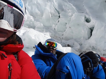 K2 summits 60 years after the first ascent - Tamara Lunger and Michele Cucchi below the Bergschrund