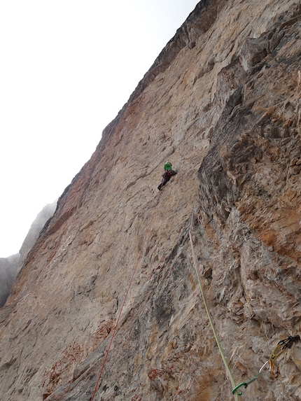 Brenta Dolomites, Brenta Base Camp 2014 - Simone Banal on the outstanding second pitch of Scintilla, Brenta Alta