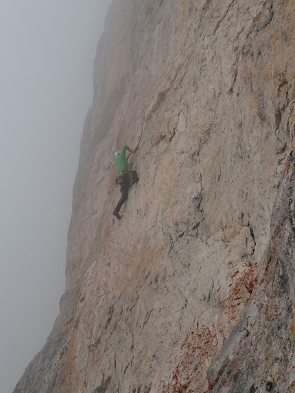 Brenta Dolomites, Brenta Base Camp 2014 - Simone Banal on the outstanding second pitch of Scintilla, Brenta Alta