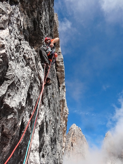 Brenta Dolomites, Brenta Base Camp 2014 - On the slabs in the central section of Scintilla, Brenta Alta