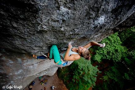 Johanna Ernst climbs Wallstreet, Frankenjura, Germany