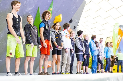 Bouldering World Championships 2014 - All the finalists: Jan Hojer, Juliane Wurm, Adam Ondra, Akiyo Noguchi, Dmitrii Sharafutdinov, Shauna Coxsey, Tsukuru Hori, Michaela Tracy, Guillaume Glairon Modet, Alex Puccio, Jernej Kruder, Melissa Le Neve