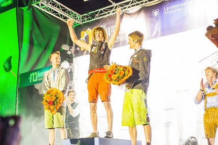 Bouldering World Championships 2014 - The men's podium of the Bouldering World Championships 2014: Jernej Kruder (silver), Adam Ondra (gold), Jan Hojer (bronze)