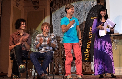 Arco Rock Legends 2014, Muriel Sarkany - Arco Rock Legends 2014, Muriel Sarkany wins the Salewa Rock Award. On stage with her Adam Ondra, Alexander Megos and Kay Rush.