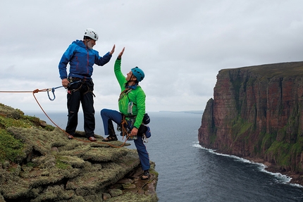 Sir Chris Bonington - Sir Chris Bonington and Leo Houlding reach the summit of The Old Man of Hoy, Orkney Islands