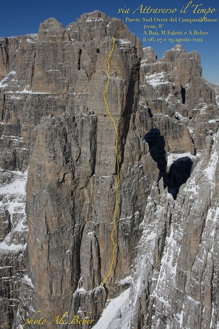 Dolomiti di Brenta, Brenta Base Camp 2014 - Via Attraverso il Tempo, Campanile Basso di (420m, VIII, Alessandro Baù, Alessandro Beber, Matteo Faletti 08/2014)