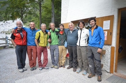 Brenta Dolomites, Brenta Base Camp 2014 - The party at rifugio Croz dell'Altissimo. From left to right: Sergio Martini, Alessandro Baù, Marco Furlani, Marco Pellegrini, Francesco Salvaterra, Marco Pilati, Claudia Mario, Alessandro Beber