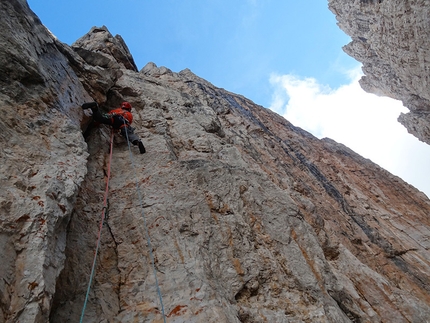 Brenta Dolomites, Brenta Base Camp 2014 - During the first attempt up the corner on the left, during the first ascent of Via Attraverso il Tempo, Campanile Basso