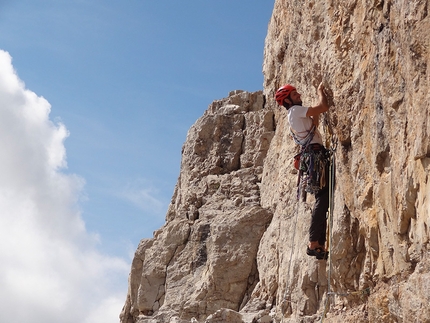 Brenta Dolomites, Brenta Base Camp 2014 - Heading off towards the hotel in the sun, penultimate pitch of Via Attraverso il Tempo, Campanile Basso