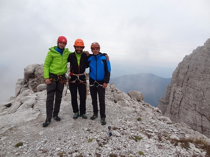 Brenta Dolomites, Brenta Base Camp 2014 - Ritual summit photo at the top of Campanile Basso