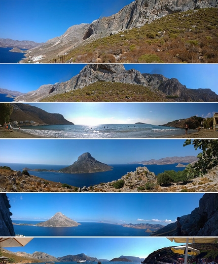 Kalymnos, Grecia - Panorami su Kalymnos. Dall'alto verso basso: 1. La grandi falesie sopra Massouri 2. Poets, la prima falesia dell'isola 3. La spiaggia di Kantouni 4. Telendos dalla falesia di Poets 5. Telendos dalla falesia di Iannis 6. La Spiaggia dei Pirati (Skalia)