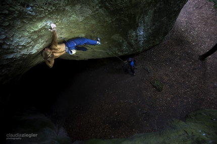 Alexander Megos - Alexander Megos making the first ascent of Geocache, Frankenjura on 10/09/2014