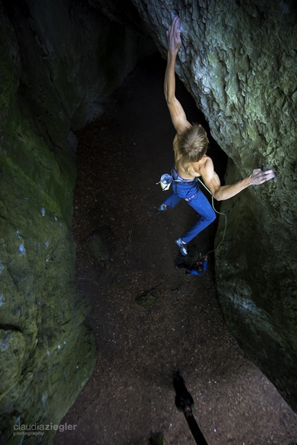 Alexander Megos - Alexander Megos making the first ascent of Geocache, Frankenjura on 10/09/2014