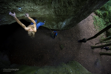 Alexander Megos - Alexander Megos making the first ascent of Geocache, Frankenjura on 10/09/2014